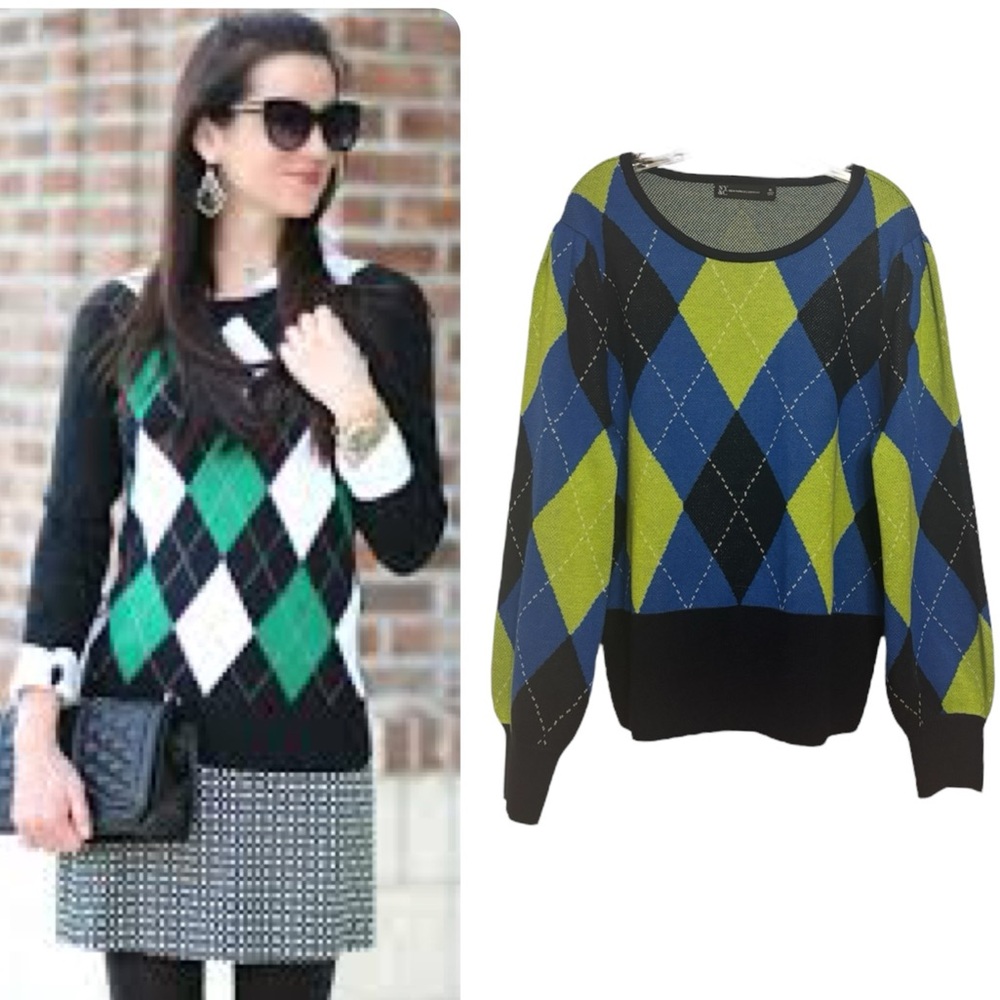 Vintage Argyle Pattern Sweater Round Neck Geometric Diamond Print Blue Green XL